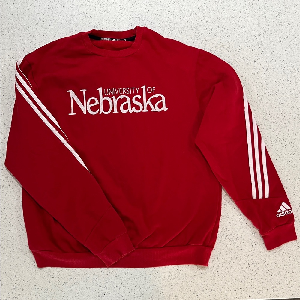 adidas Red University of Nebraska Crewneck Sweater with White Stripes